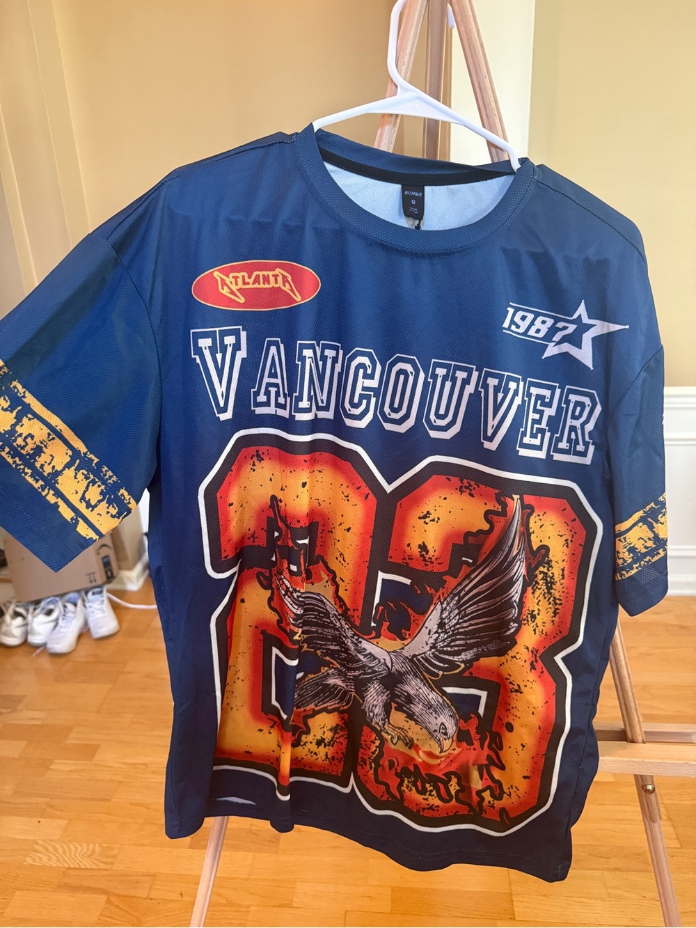 ROMWE Navy Blue Vancouver Graphic Short Sleeve Tee with Orange Red Accents